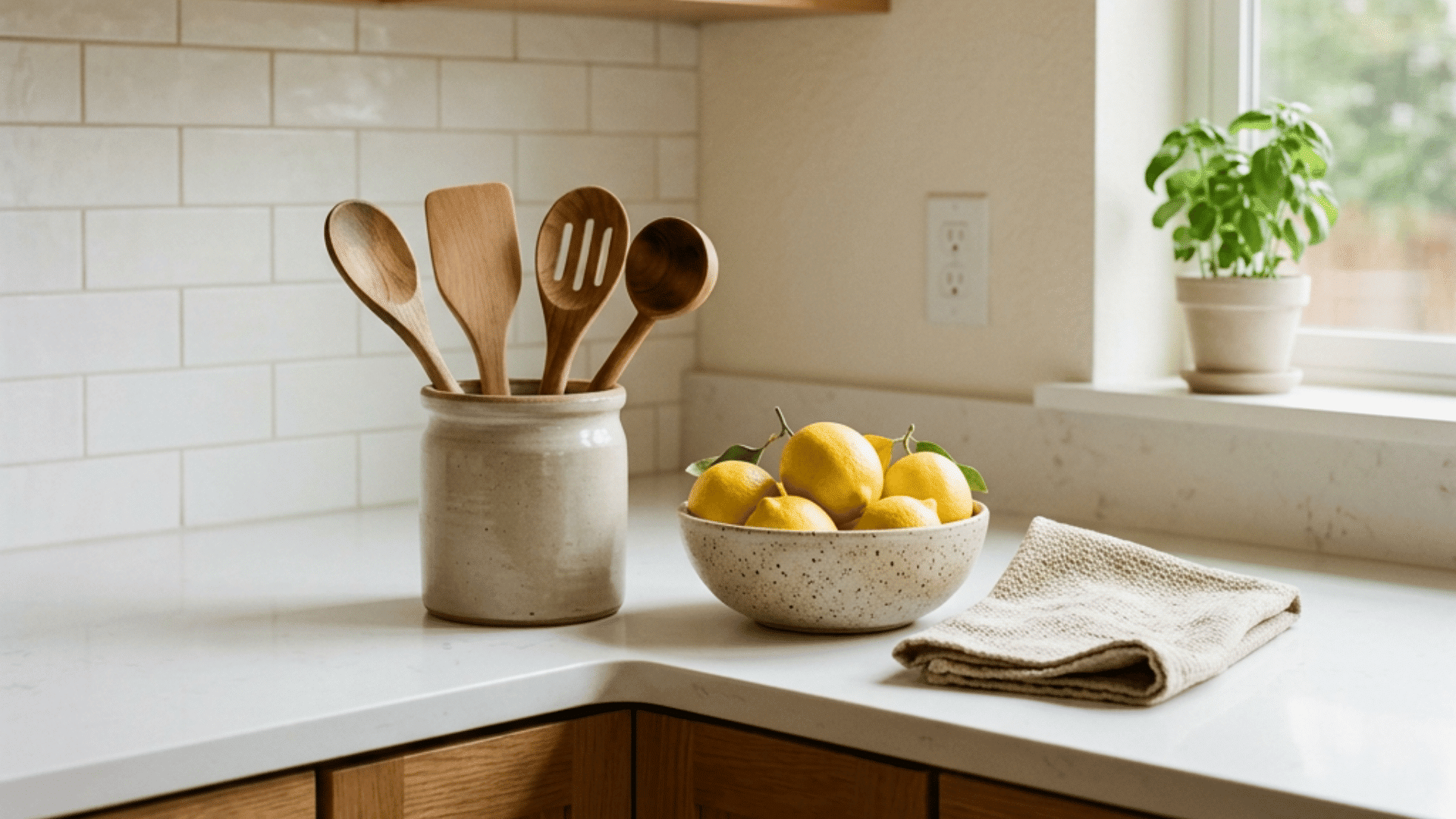 wooden utensils in a ceramic crock beside a bowl of lemons and folded towel in a bright wood kitchen