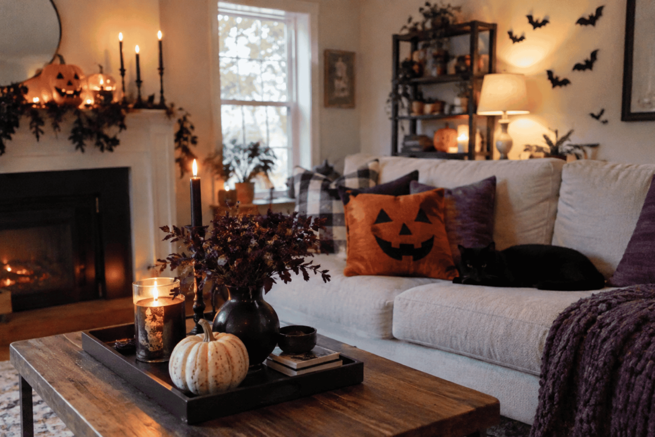cozy halloween living room with orange pumpkins black accents purple textiles candles and fall decor