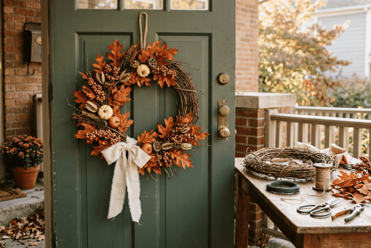 handmade fall wreath with autumn leaves berries pumpkins and ribbon hanging on a simple front door