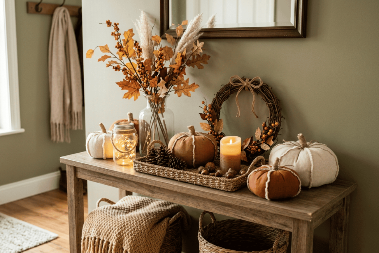 DIY fall decor with fabric pumpkins wreath branches lanterns and natural autumn accents
