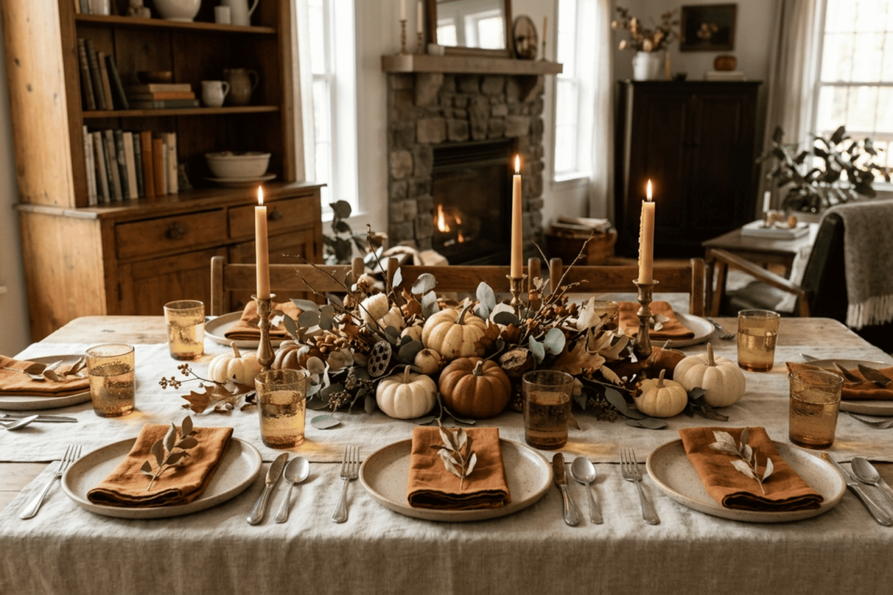 elegant fall table decor with pumpkins greenery candles amber glassware and warm neutral linens