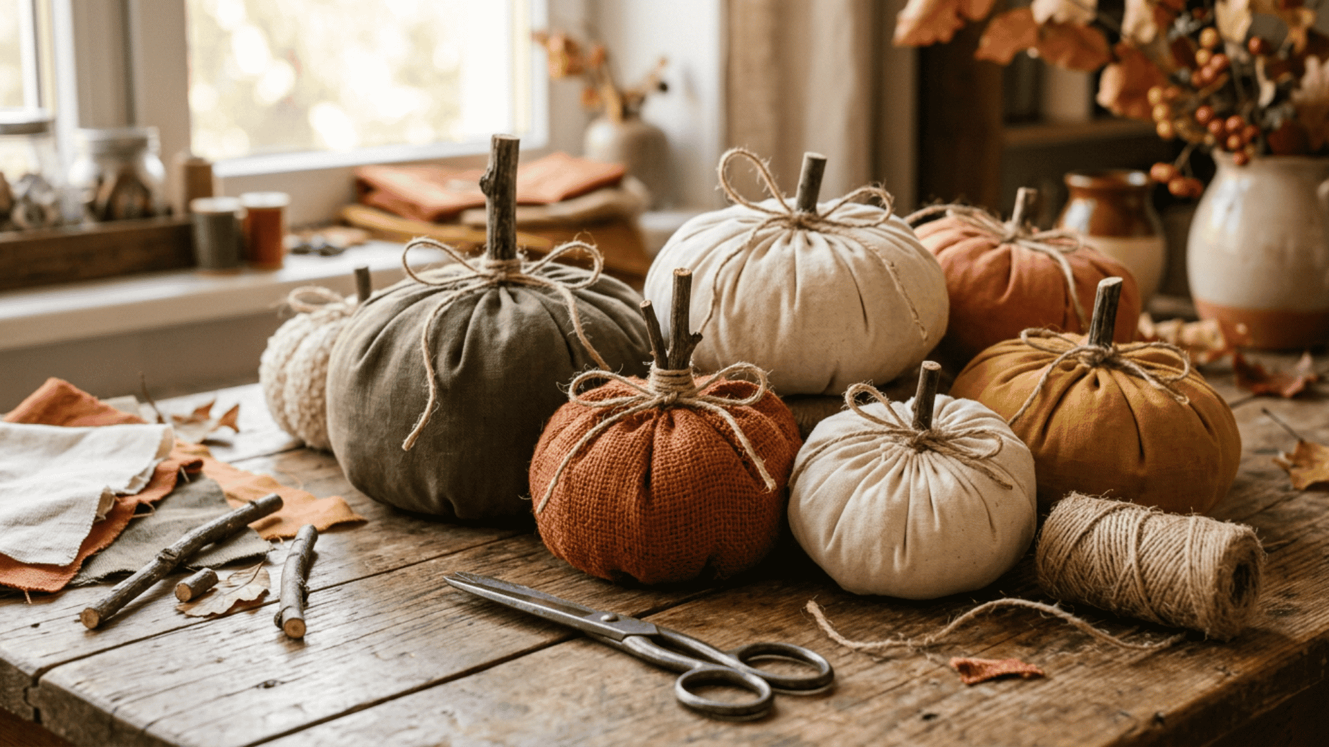 handmade fabric pumpkins in cream rust and olive arranged on a wooden fall craft table