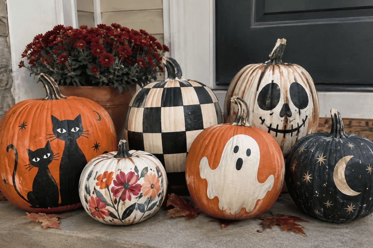 group of hand painted halloween pumpkins with cat ghost skull floral checkerboard and moon designs on a porch