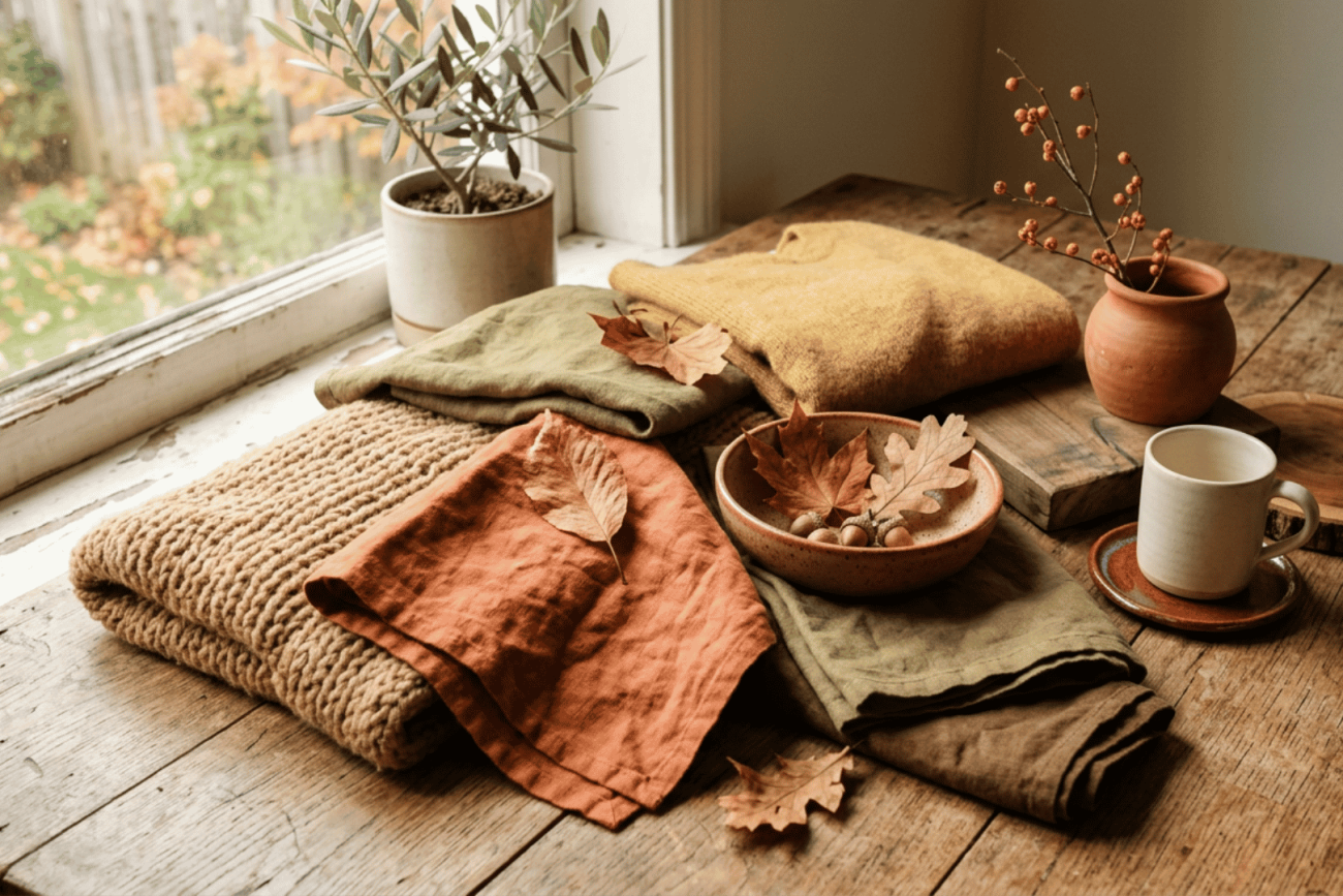 warm fall color palette with rust terracotta mustard olive camel cream and brown decor accents